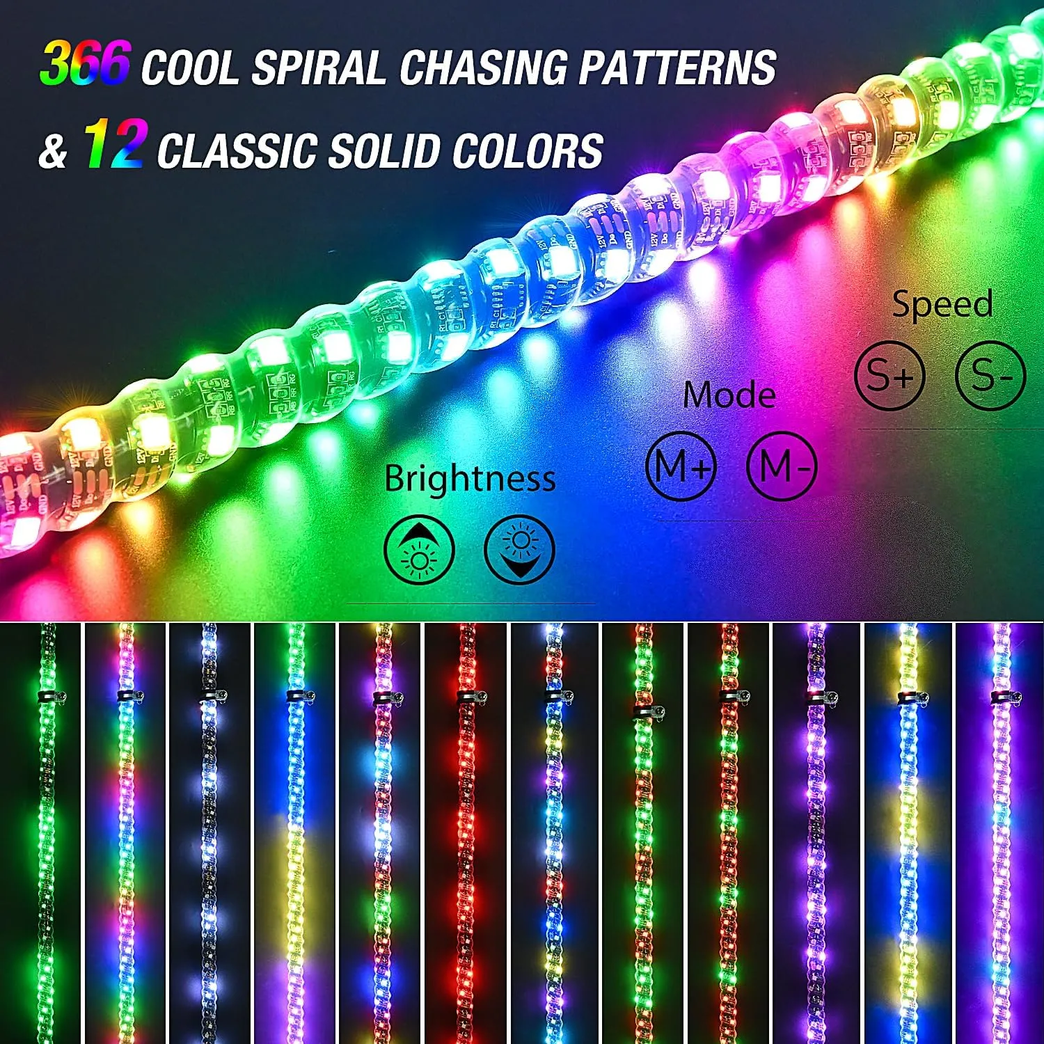 2FT Spiral Antenna Led Whip Light RF Remote Control | 8.6FT Wire 5Pin Switch