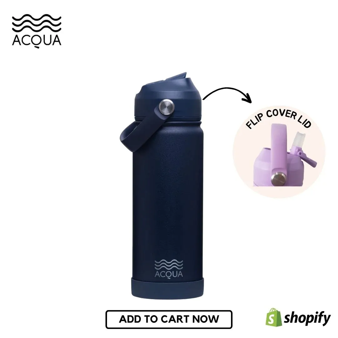 Acqua Flip Sip & Go! Double Wall Insulated Stainless Steel Water Bottle: Deep Ocean Blue