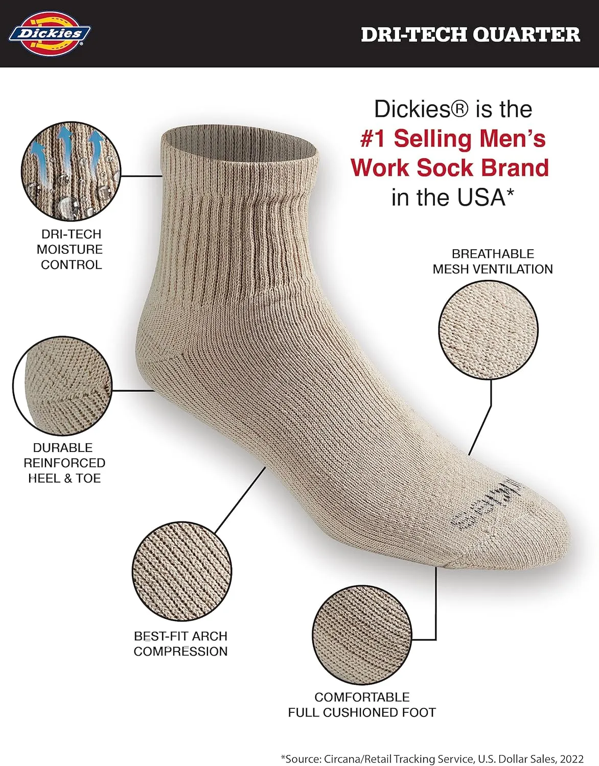Dickies Men's Dri-tech Moisture Control Quarter Socks, Available in M-XXL (6, 12, 18 Pairs)