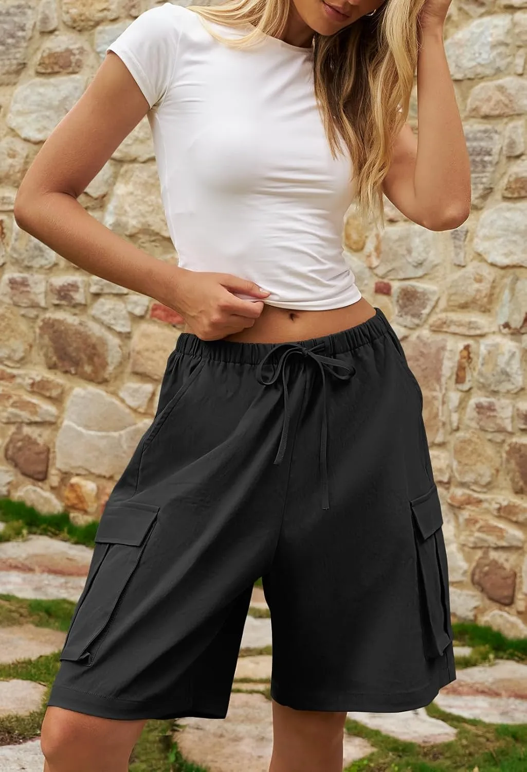MEROKEETY Women's Summer Casual Cargo Shorts Elastic Waist Drawstring Hiking Bermuda Shorts with Pockets