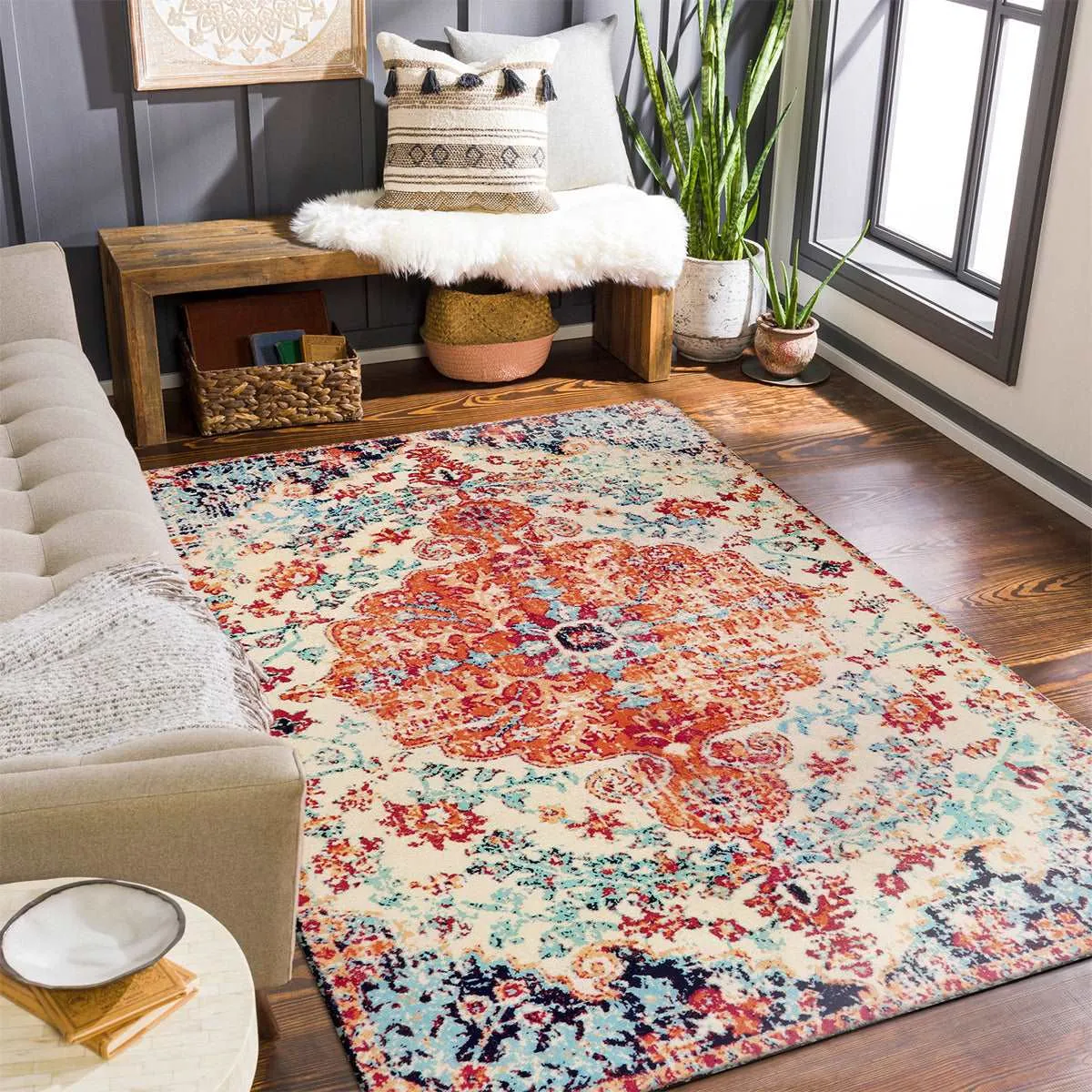 Reine Bohemian Floral Medallion Orange Area Rug